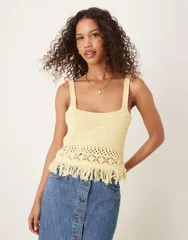 エイソス レディース トップス Tシャツ ニット ASOS DESIGN knit crochet top with fringing in buttermilk yellowイエロー