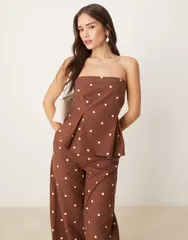 エイソス レディース トップス Tシャツ ウエストマーク ドット リネン ASOS DESIGN linen blend cinched waist bandeau top in polka dots part of a set Choc Polka Dot