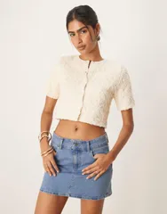 マンゴ レディース アウター カーディガン クロップド ニット Mango texture knit short sleeve cropped cardigan BEIGE ベージュのサムネイル