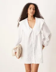エイソス レディース トップス ワンピース シャツワンピース ミニ シャツ ASOS DESIGN oversized collar long sleeve mini shirt dress white ホワイト