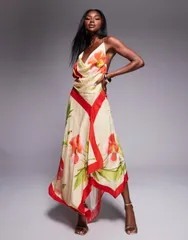 エイソス レディース トップス ワンピース オープンバック アシンメトリー マキシワンピース プリント マキシ ASOS DESIGN deep cowl asymmetric open back maxi dress in scarf print Scarf