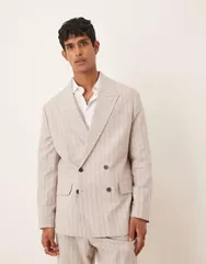 セレクティッド メンズ アウター ジャケット・ブルゾン リラックスフィット ブレザー リネン Selected linen blend relaxed fit blazer in cream pinstripe Oatmeal Pinstripe オートミール