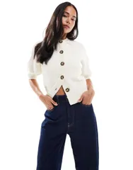 エイソス レディース アウター カーディガン クルーネック ASOS DESIGN short sleeve waisted crew neck cardigan in cream Cream クリーのサムネイル