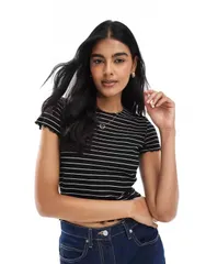 オンリー レディース トップス Tシャツ ONLY lettucedge short sleeve top white stripes Black ブラック