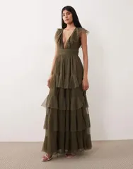 レース アンド ビーズ レディース トップス ワンピース チュール ティアード マキシ Lace Beads Bridesmaid tulle flutter sleeve tiered frills maxi dress in deep olive Deep