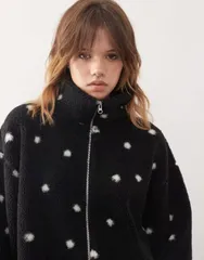 モンキ レディース アウター ジャケット・ブルゾン ドット柄 ドット フリース Monki zip up fleece and white polka dot Black and white ホワイトのサムネイル