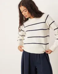 ブレーブソウル レディース アウター ニット・セーター クルーネック Brave Soul knit crew neck sweater with navy stripe IVORY アイボリー