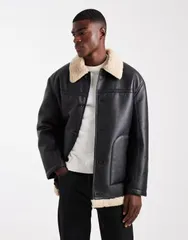 エイソス メンズ アウター ジャケット・ブルゾン コントラスト ジャケット ASOS DESIGN oversized aviator jacket with contrast collar Black ブラック