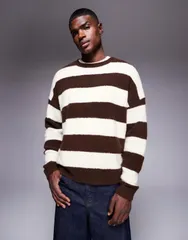 エイソス メンズ アウター ニット・セーター セーター ニット ASOS DESIGN oversized knit fluffy stripe sweater and ecru BrownEcruのサムネイル