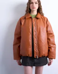 トップショップ レディース アウター ジャケット・ブルゾン レザー フェイクレザー ジャケット Topshop faux leather padded puffer jacket in burnt oのサムネイル