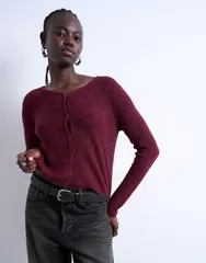 トップショップ レディース アウター カーディガン Vネック リブ ニット Topshop knit vneck ribbed cardigan Burgundy バーガンディのサムネイル