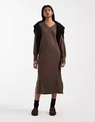 ヴェロモーダ レディース トップス ワンピース リブニット Vネック ミディ ニット Vero Moda soft rib knit vneck midi dress in heathered chocolate チョコレート