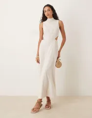 エイソス レディース トップス ワンピース カットアウト ハイネック リネン ASOS DESIGN high neck linen look midaxi dress with cutout waist in oatmeal Oatmeal オートミール