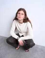 トップショップ レディース アウター カーディガン ニット Topshop knit covered buttons cardigan Ivory アイボリーのサムネイル