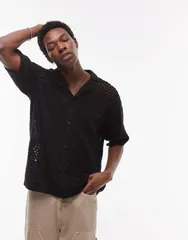 トップマン メンズ トップス ポロシャツ ニット Topman open knit pattern polo Black ブラックのサムネイル