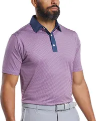 フットジョイ メンズ トップス ポロシャツ プリント FootJoy Mens Lattice Print Lisle Golf Polo Dark Denim デニムのサムネイル