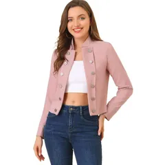 アレグラ ケー レディース アウター ジャケット・ブルゾン ALLEGRA K Womenstand Collar Open Front Button Decor Casual Steampunk Jacket Pink ピンク