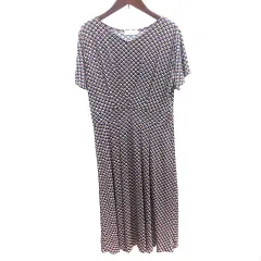 オフオン ofuon ワンピース ロング Vネック 総柄 半袖 40 L 茶 ブラウン /AU