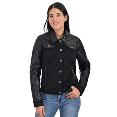 ラングラー レディース アウター ジャケット・ブルゾン レザー フェイクレザー Womens Wrangler Faux Leather Trucker Jacket Black ブラックのサムネイル