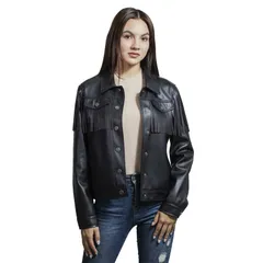 ラングラー レディース アウター ジャケット・ブルゾン レザー フリンジ フェイクレザー Womens Wrangler Faux Leather Trucker Jacket With Fringeのサムネイル