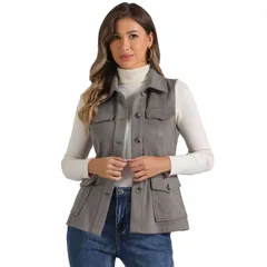 アレグラ ケー レディース アウター ジャケット・ブルゾン ベスト スエード ノースリーブ ALLEGRA K Womens Rustic Sleeveless Jacket Button Up Faux Suede Utility Anorak Cargo