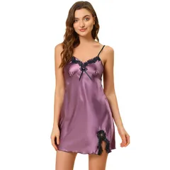 アレグラ ケー レディース アンダーウェア ナイトウェア ミニ サテン ALLEGRA K Womensatinightgown Summer Camini Spaghetti Lingerie Dress Purple パープル