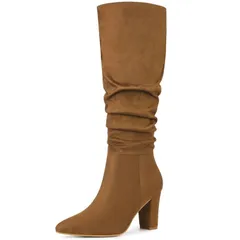 アレグラ ケー レディース シューズ ブーツ・レインブーツ ヒール ALLEGRA K Womenslouch Pointed Toe Chunky Heel Knee High Boots Brown ブラウン