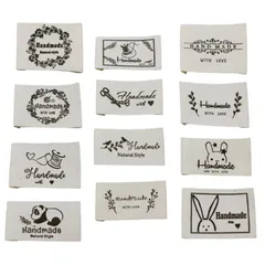 ハンドメイド用 タグ 12種 48枚セット フラワー ウサギ パンダ コットン 綿 ロゴ ワッペン ラベル 縫製 手芸 DIY 手作り Handmade ポーチ/衣類/帽子などに飾り かわいい おしゃれ (24枚入り)
