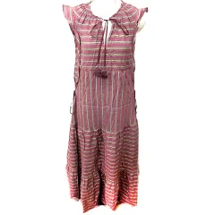 イエナ IENA ワンピース Aライン マキシ 半袖 ボウタイ ボーダー ウエストマーク 絹混 シルク混 ボルドーワイン /RT