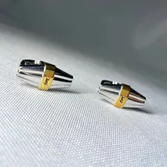 廃盤 YVES SAINT LAURENT イヴサンローラン YSLロゴ シルバー&ゴールド&ブラック ストライプ ヴィンテージカフス カフリンクス ボタン