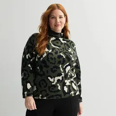 チェルシーアンドセオドール レディース アウター ニット・セーター モックネック プラスサイズ Plusize Chelsea Theodore Long Sleeve Mock Neck Sweater Olive Leopard オリーブ