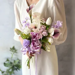 【レンタル戻り】紫×白チューリップクラッチブーケ☆ブートニア