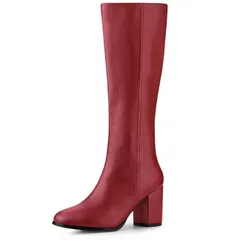 アレグラ ケー レディース シューズ ブーツ・レインブーツ ヒール ALLEGRA K Womens Round Toe Zip Block Heels Knee High Boots Red レッド