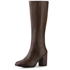 アレグラ ケー レディース シューズ ブーツ・レインブーツ ヒール ALLEGRA K Womens Round Toe Zip Block Heels Knee High Boots Dark Brown ブラウン