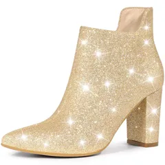 アレグラ ケー レディース シューズ ブーツ・レインブーツ カットアウト アンクル ヒール ALLEGRA K Womens Glitter Pointed Toe Cutout Block Heel Ankle Booties Gold ゴールド