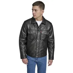 リーバイス メンズ アウター ジャケット・ブルゾン レザー フェイクレザー Mens Levis Faux Leather Modern Trucker Jacket Black ブラック
