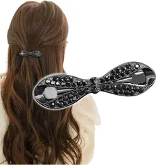 バレッタ しっかり留まる 小さめ ビジュー リボン ハーフアップ 髪留め ヘアクリップ リボン おしゃれ ヘアアクセサリー 大人 (ブラック) [ブラック]