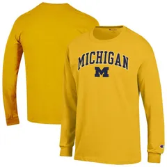 チャンピオン メンズ トップス Tシャツ ロゴ Mens Champion Maize Michigan Wolverines Arch Over Logo 2Hit Long Sleeve TShirt Mic Gold ゴールド