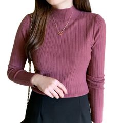 [Aivory] [象牙色] 高領毛衣 女士 圓領針織衫 套衫 羅紋針織 上衣 薄款 通勤 約會 辦公室 女裝 春 秋 冬 [玫瑰紅]