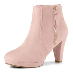 アレグラ ケー レディース シューズ ブーツ・レインブーツ プラットフォーム アンクル ヒール ALLEGRA K Womenside Zip Low Platform Chunky Heel Ankle Booties Dust Pink ピンク