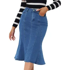 アレグラ ケー レディース ボトムスカート ハイウエスト フリル ミディ デニム ALLEGRA K Womens Zip High Waist Ruffled Fishtail Hem Bodycon Midi Denim Skirt Blue ブルー