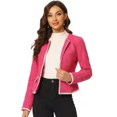 アレグラ ケー レディース アウター ジャケット・ブルゾン ツイード ブレザー ALLEGRA K Womens Plaid Tweed Open Front Office Short Blazer Hot Pink ピンク