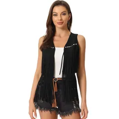 アレグラ ケー レディース アウター ニット・セーター ベスト スエード カーディガン フリンジ ALLEGRA K Womens Fringe Vest Open Front Outfits Faux Suede Tassel Cardigan Black