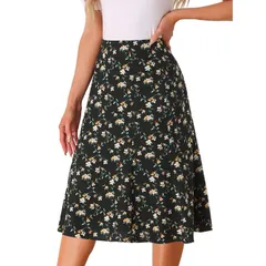 アレグラ ケー レディース ボトムスカート A ライン プリント ミディ ALLEGRA K Womens Peasant Elastic Waist ALine Leave Print Midi Skirt Black White ホワイト