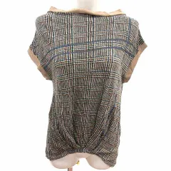 パドカレ pas de calais ニット カットソー チェック フレンチスリーブ ウール 38 M 茶 ブラウン 黒 ブラック /YKのサムネイル