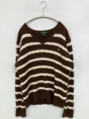 Ralph Lauren ラルフローレン ニット/セーター XL ブラウン コットン ニット ボーダー柄 ワンポイント ブランドロゴ 刺繍 ミドル丈 長袖 Vネック