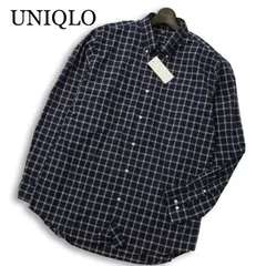 【新品 未使用】 UNIQLO ユニクロ 通年★ 長袖 EFCブロード チェック ボタンダウン シャツ 大きいサイズ Sz.XL メンズ 紺