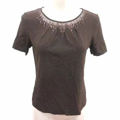 ハナエモリ HANAE MORI ブラウス 切替 チュール スパンコール 半袖 38 M 茶 ブラウン /YK