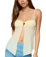 アディクテッド レディース トップス シャツ メッシュ シアー Edikted Reeve Split Front Sheer Mesh Top Yellow イエロー