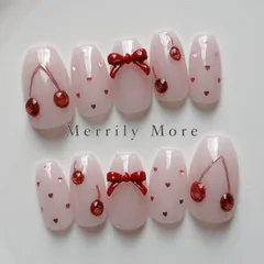 N141 ネイルチップ さくらんぼ フレンチガーリー リボン ハート ぷっくりアート 韓国 ワンホン